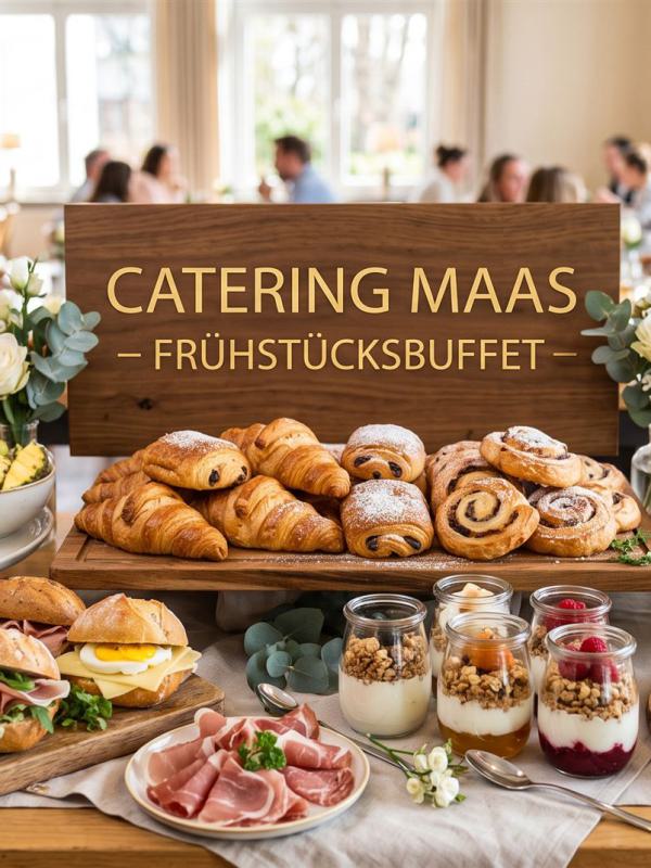 Detailansicht eines umfangreichen Frühstücksbuffets mit verschiedenen Brotsorten, Gebäck, Früchten und Aufschnitt.