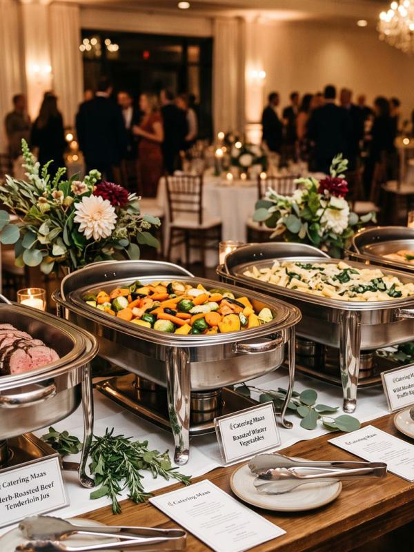 Ein reich gedeckter Buffetbereich mit verschiedenen Speisen in Gastronomie-Chafing-Dishes, im Hintergrund eine große Banketthalle.