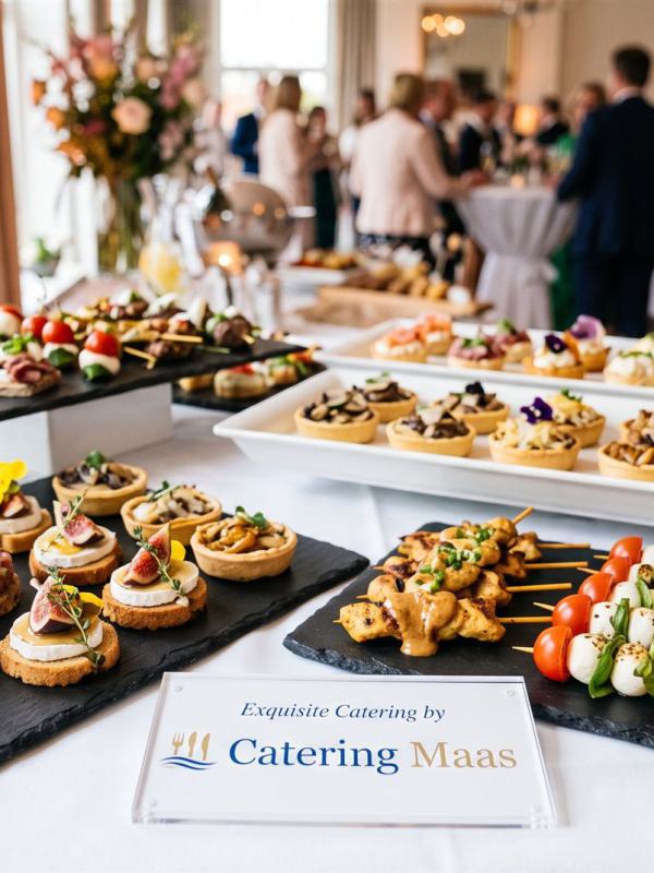 Großes Buffet mit vielfältigen Häppchen und einem Catering-Schild auf einem Tisch.