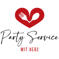 Logo mit einem Herzsymbol, das zwei Hände hält, und dem Text Party Service Mit Herz.